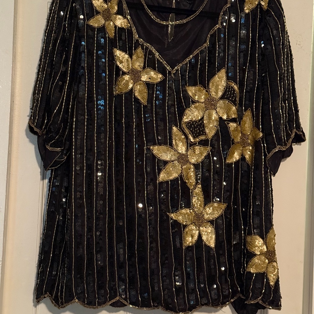 Vintage Royal Feelings Black and Gold Short Sleeve Sequin Blouse and Skirt Set